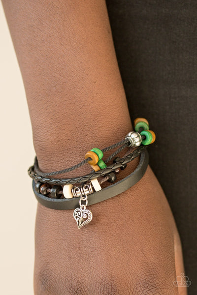 Paparazzi Accessories Desert Heart – Green Wooden Bead Brown Leather Silver Urban Bracelet