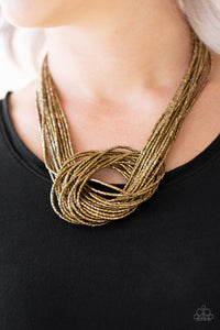 Paparazzi Accessories Knotted Knockout - Brass Necklace & Earrings 