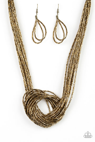 Paparazzi Accessories Knotted Knockout - Brass Necklace & Earrings 