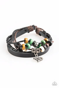 Paparazzi Accessories Green Wooden Bead Brown Leather Silver Urban Bracelet	