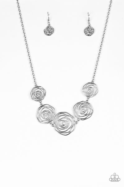 Paparazzi Accessories Rosy Rosette - Silver Necklace & Earrings 