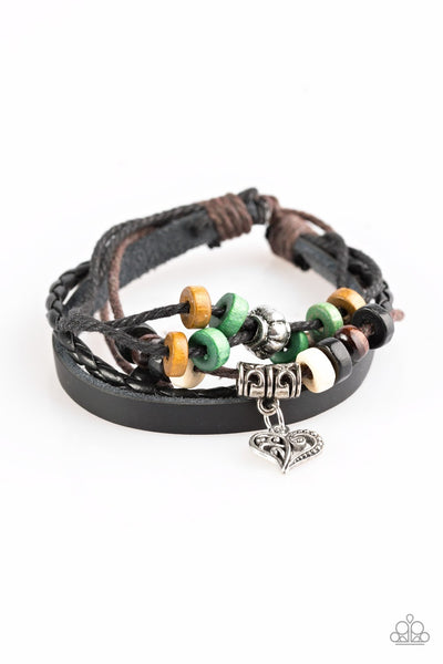 Paparazzi Accessories Desert Heart – Green Wooden Bead Brown Leather Silver Urban Bracelet