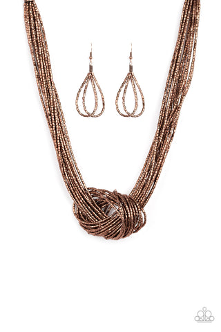 Paparazzi Accessories Knotted Knockout - Copper Necklace & Earrings 