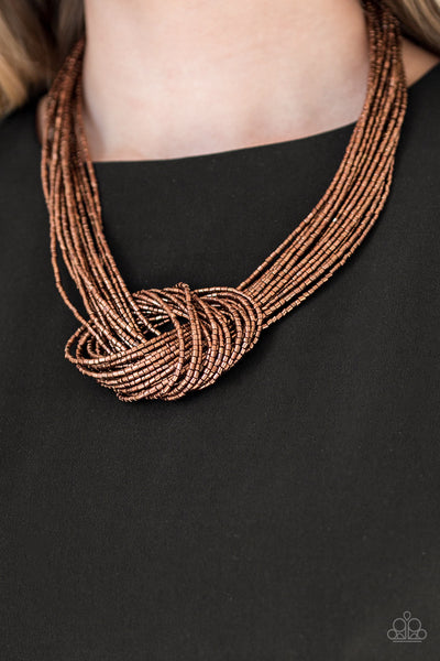 Paparazzi Accessories Knotted Knockout - Copper Necklace & Earrings 